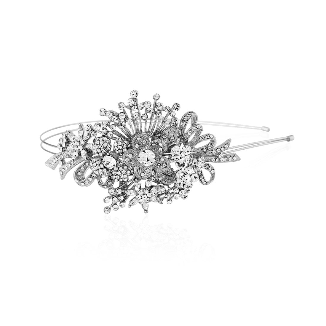 Bouquet of Elegance Crystal Silver Wedding Side Tiara on Double Headband