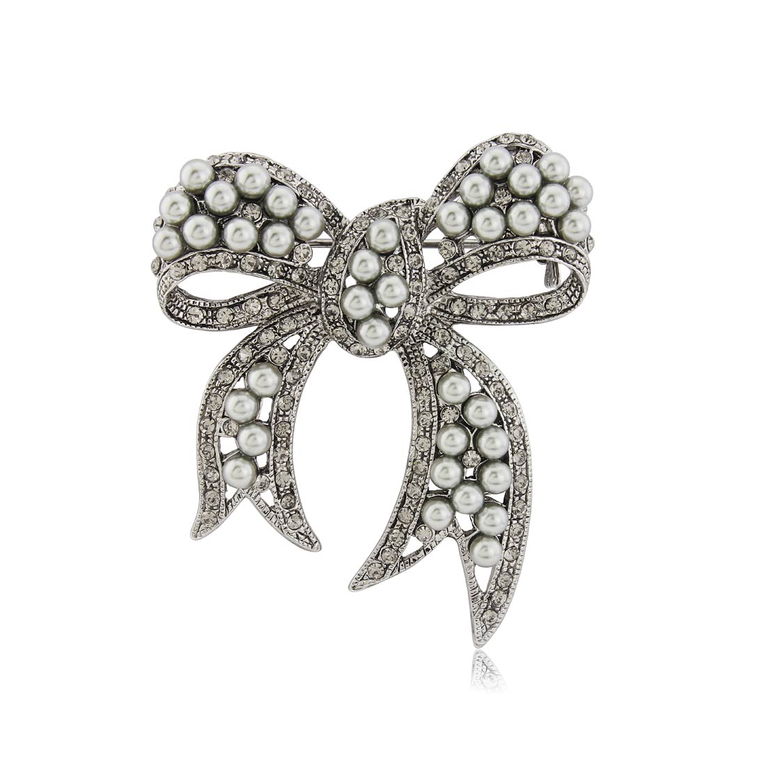 Bow of Treasure Pearl & Grey Crystal Vintage Style Brooch