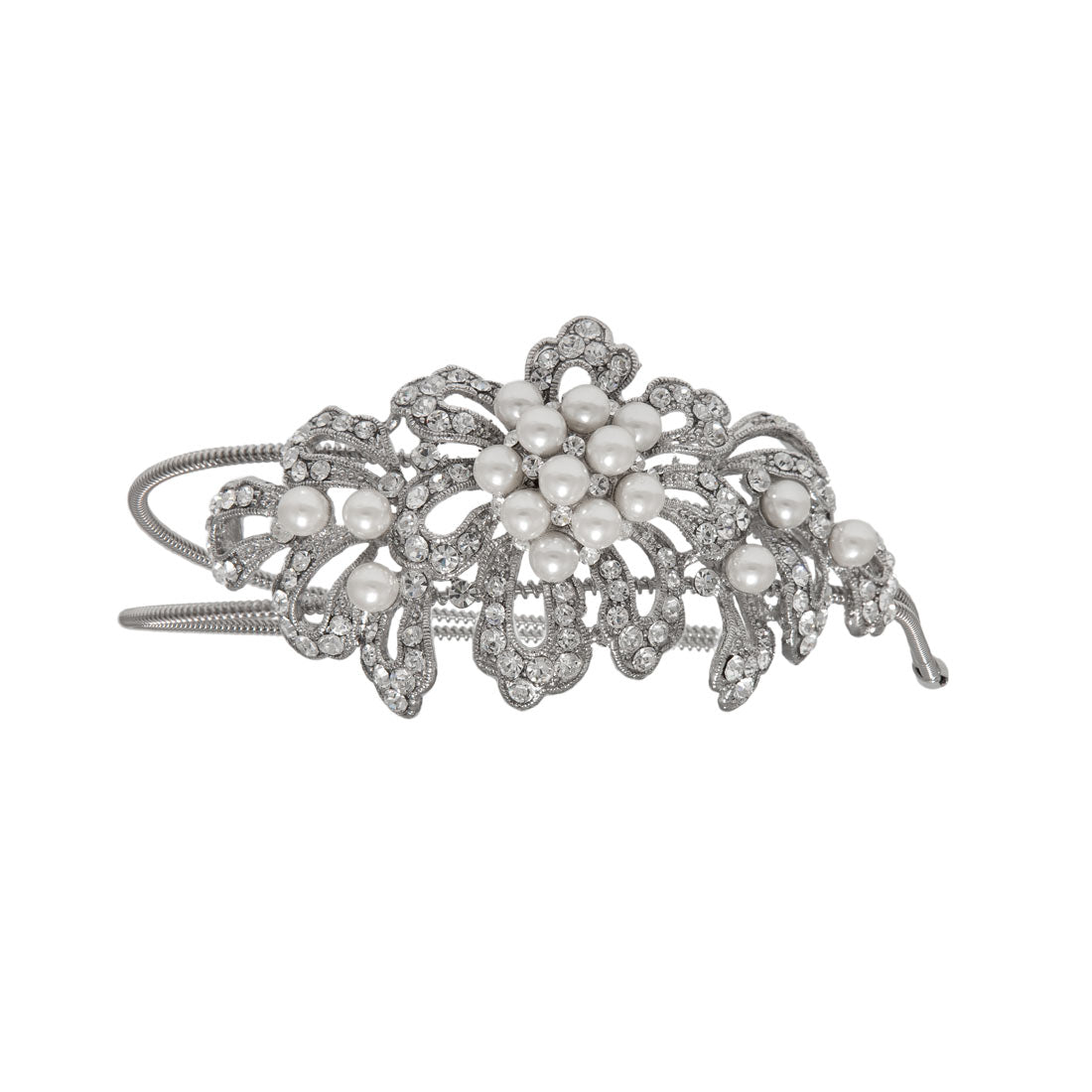 Timeless Pearl & Crystal Flower Bridal Side Tiara on Double Headband