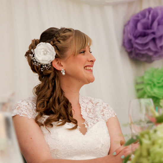 Amy wears Timeless Petals Hair Flower & Posies and Pearls Earrings by Glitzy Secrets