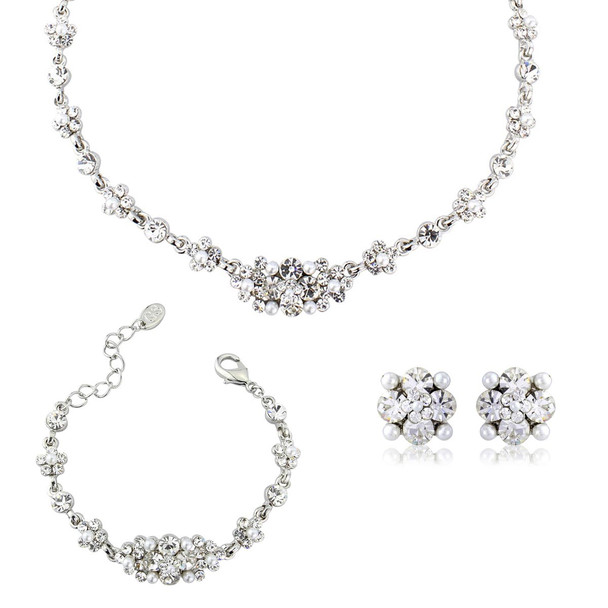 Delicate Pearl  Clip On Earrings, Necklace & Bracelet Bridal Jewellery Set