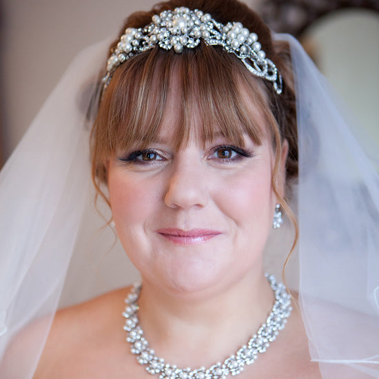 Jayne wears Pearls of Nostalgia Tiara, Precious in Pearls Necklace, Bracelet and Earrings by Glitzy Secrets