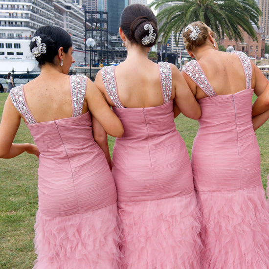 Maryanne's bridesmaids wear Feathers and Flowers Hair Combs by Glitzy Secrets