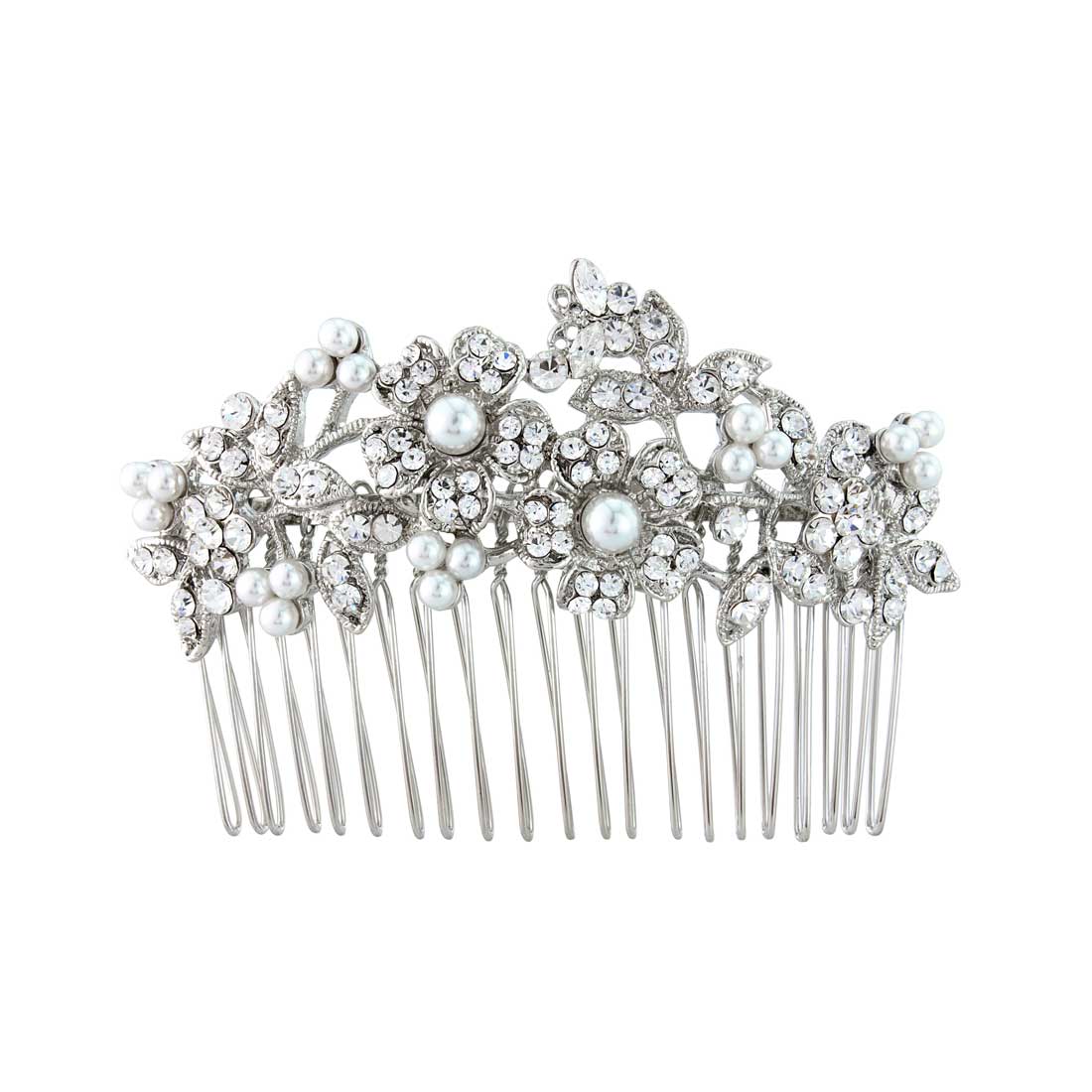 Bouquet of Pearl Crystal & Pearl Silver Floral Bridal Hair Comb
