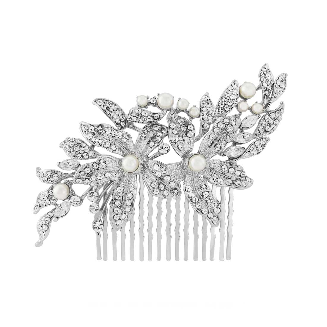 Bygone Blooms Crystal & Pearl Flower Leaf Bridal Hair Comb
