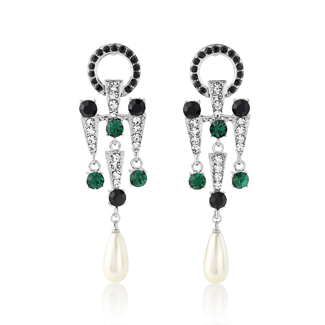 Deco Desire Black, Green, Crystal & Pearl Long Drop Earrings