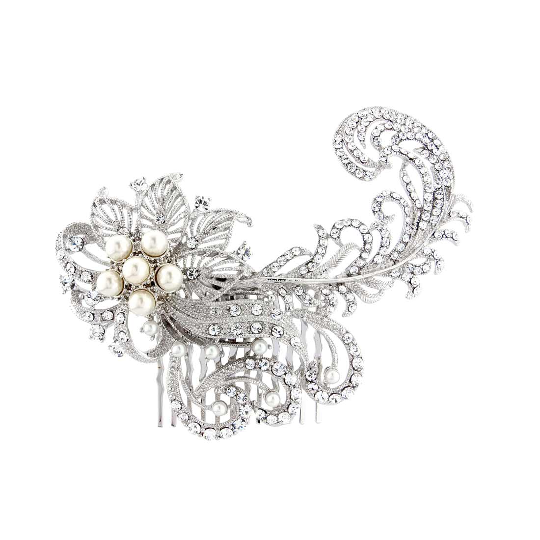 Feathers and Flowers Crystal & Pearl Bridal Hair Comb