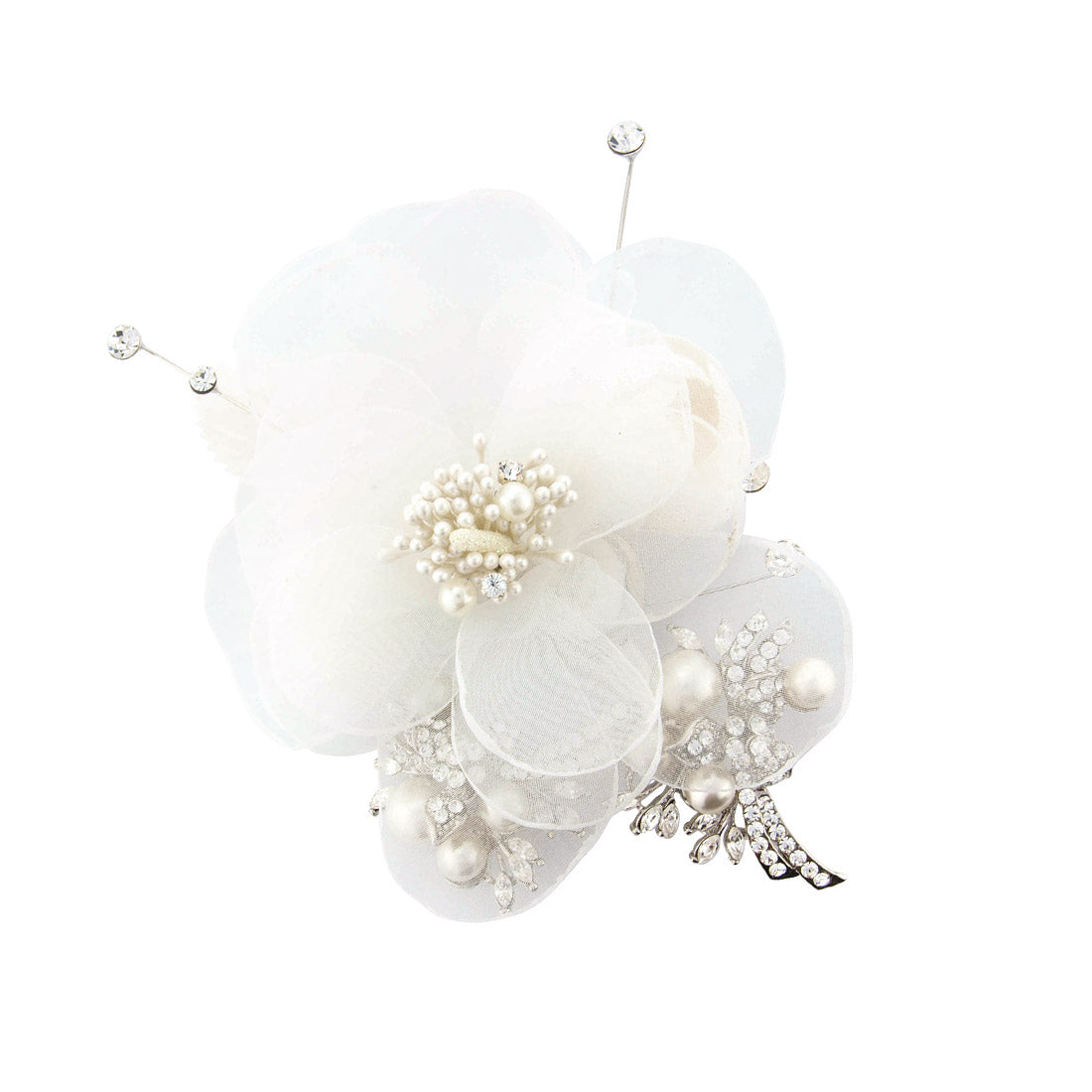Flower of Romance Crystal and Pearl Ivory Hair Flower for Weddings