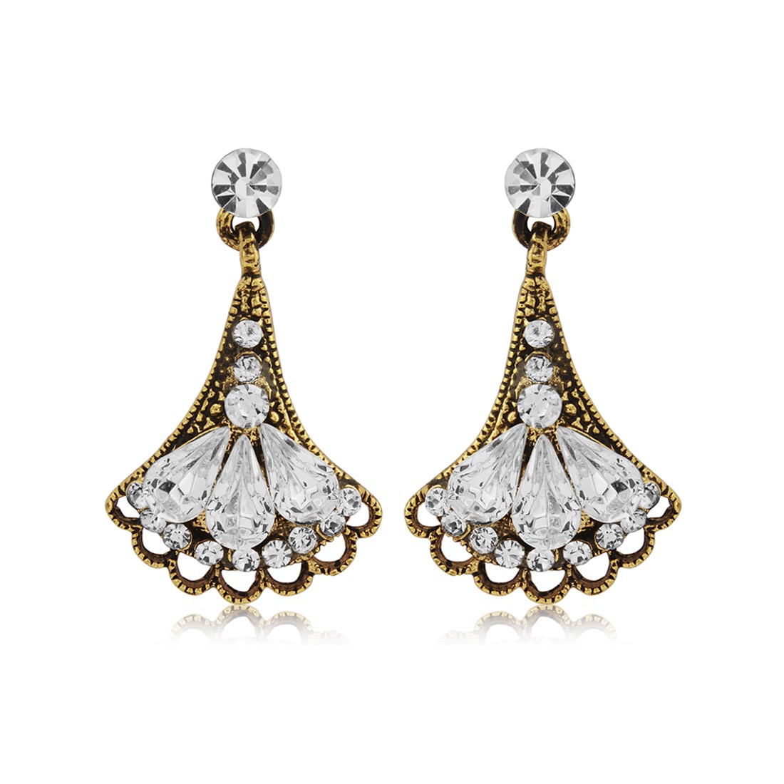Glamour of Deco 1920s Gold Crystal Fan Drop Earrings