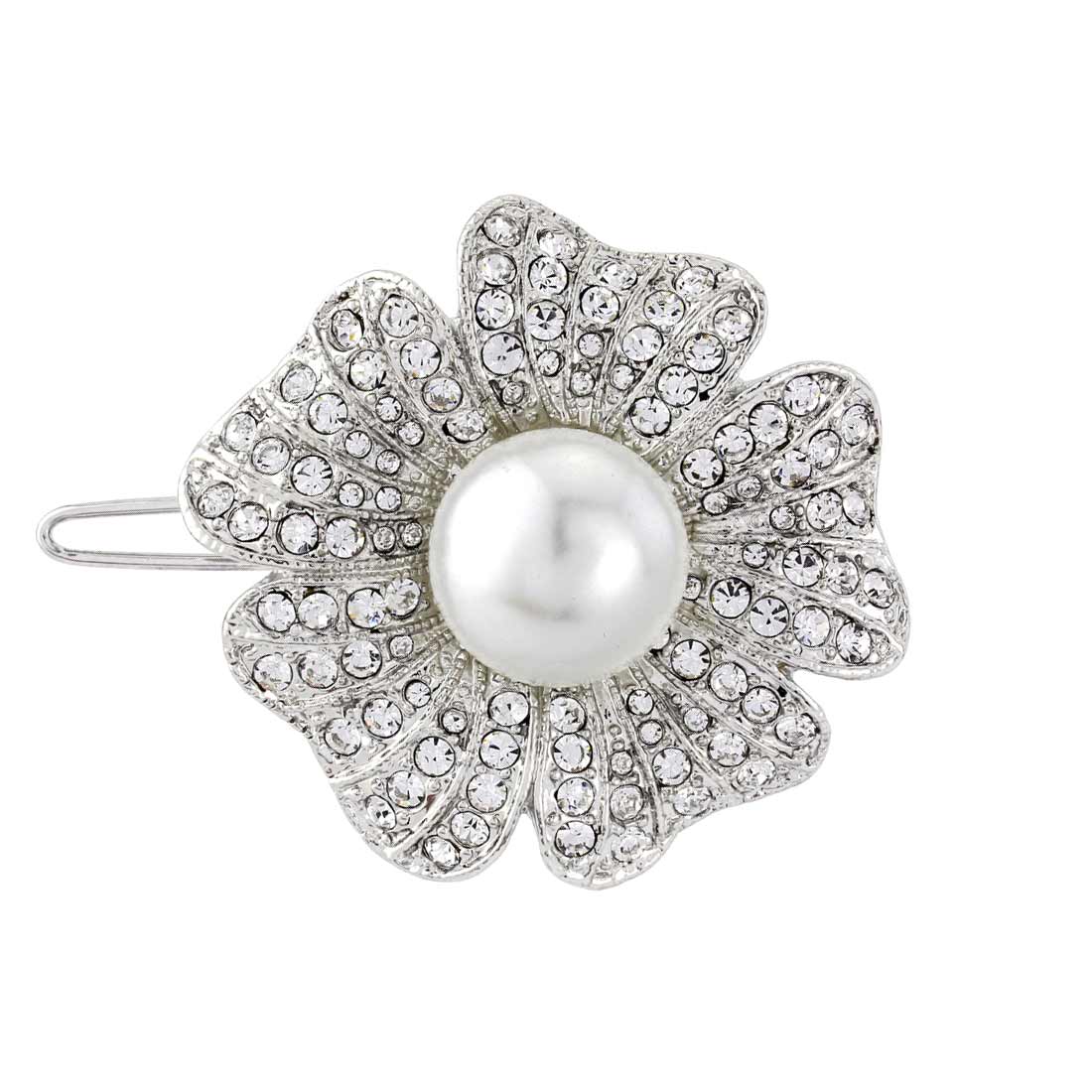 Pearl Blossom Silver Crystal Flower Bridal Hair Slide