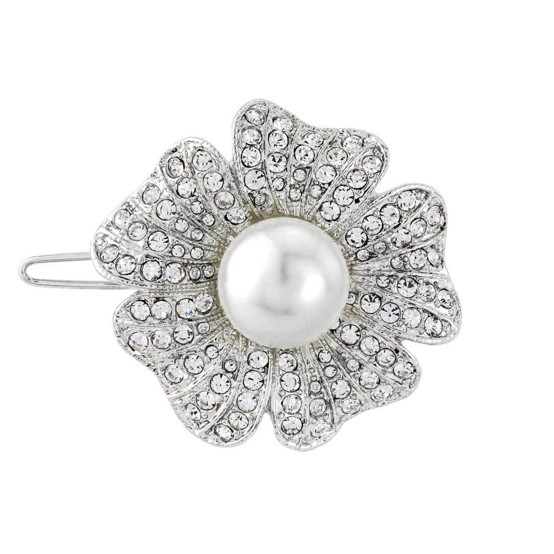 Pearl Blossom Silver Crystal Flower Bridal Hair Slide