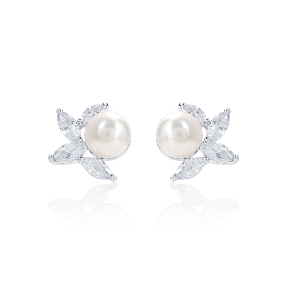 Pearl leaf and marquise cubic zirconia stud bridal earrings
