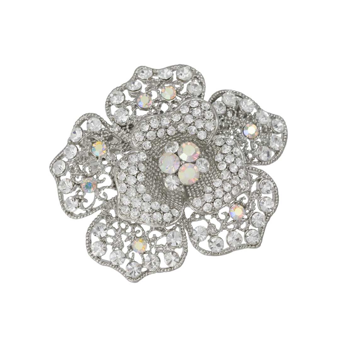 Radiant Rose AB Crystal Flower Silver Bridal Hair Clip with Barrette Fastening