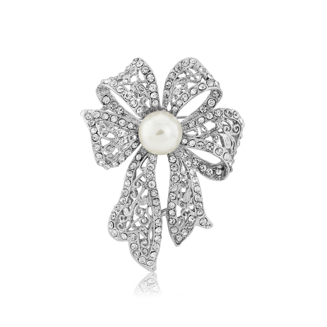 Starlet's Bow Ornate Crystal & Pearl Vintage Brooch