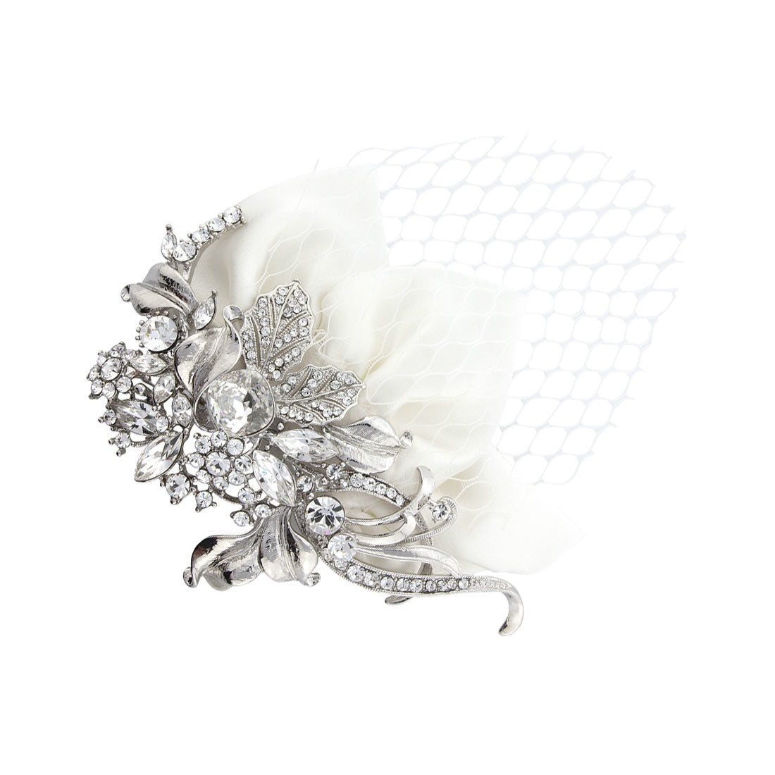 Timeless Petals Crystal Bridal Headpiece with Ivory Silk Petals & Birdcage Veil