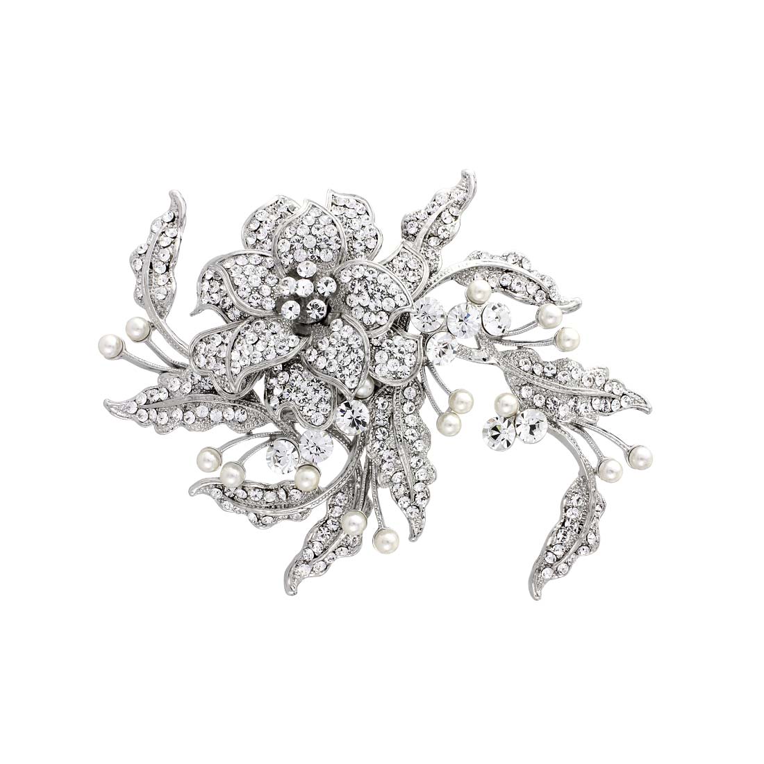 Trailing Petals Floral Crystal & Pearl Silver Wedding Headpiece