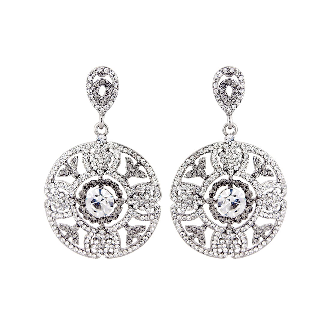 Vintage Heiress 1920s Art Deco Drop Earrings with Grey & Clear Crystals
