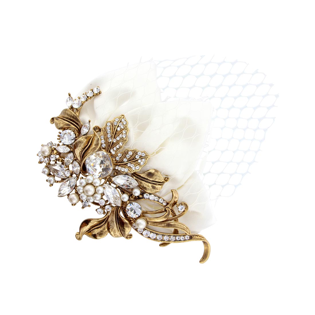 Vintage Petals Gold Wedding Headpiece with Ivory Silk Petals & Birdcage Veil