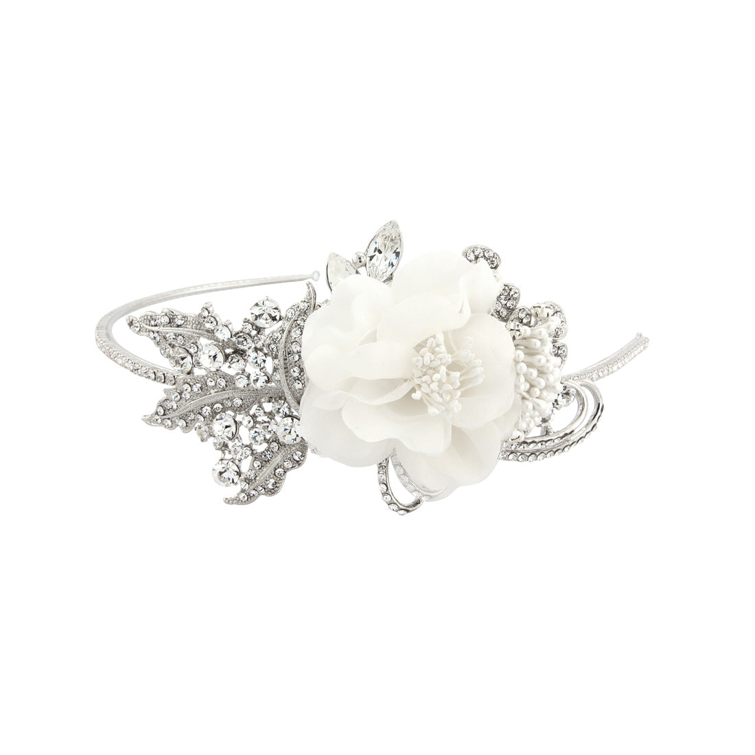 Vintage Rose Crystal Bridal Side Tiara with Silk Ivory Flower